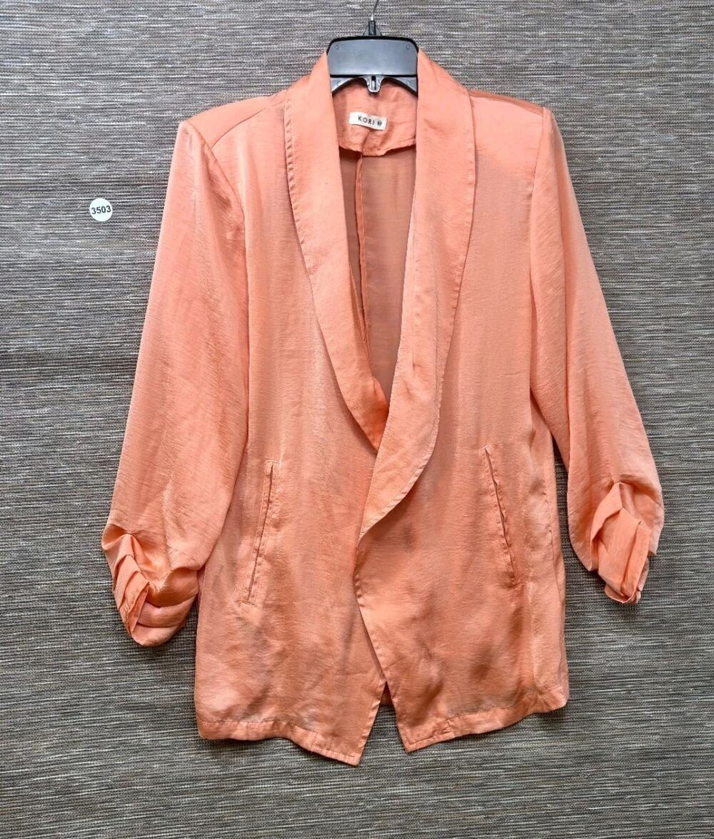 Kori America Blush Pink Open Front Blazer Jacket Sz M Ruched Sleeve Lightweight